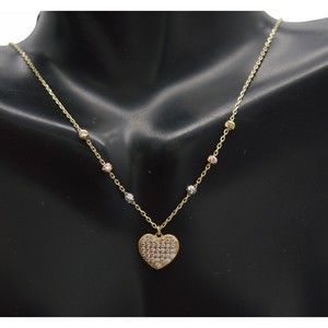 Real 14K Tri-color Solid Gold Beads 16/18" CZ Heart Charm Necklace 2.4 grams